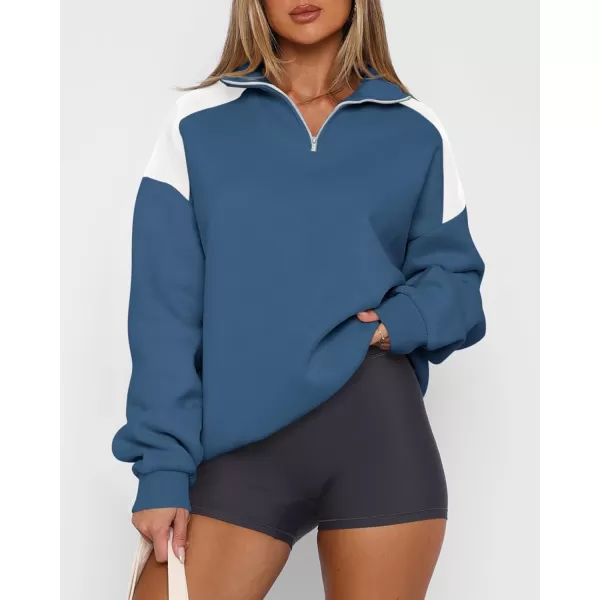 BTFBM Women Oversized Sweatshirt 2024 Fall Winter 14 Zip Long Sleeve Activewear Color Block Casual Y2k Pullover TopsDark Blue