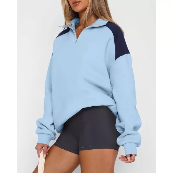 BTFBM Women Oversized Sweatshirt 2024 Fall Winter 14 Zip Long Sleeve Activewear Color Block Casual Y2k Pullover TopsLight Blue