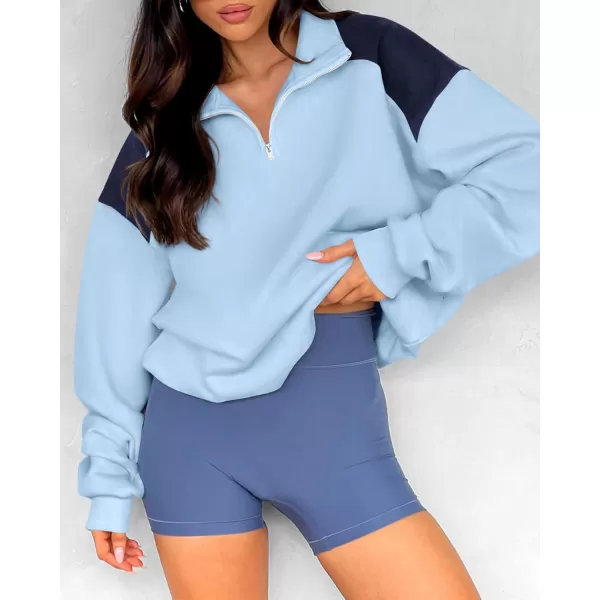 BTFBM Women Oversized Sweatshirt 2024 Fall Winter 14 Zip Long Sleeve Activewear Color Block Casual Y2k Pullover TopsLight Blue