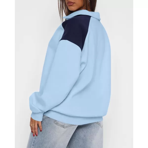 BTFBM Women Oversized Sweatshirt 2024 Fall Winter 14 Zip Long Sleeve Activewear Color Block Casual Y2k Pullover TopsLight Blue