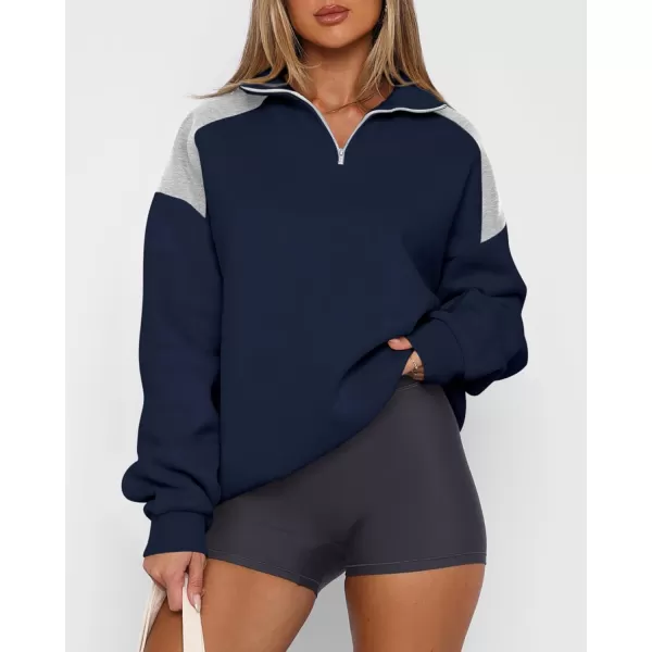 BTFBM Women Oversized Sweatshirt 2024 Fall Winter 14 Zip Long Sleeve Activewear Color Block Casual Y2k Pullover TopsNavy