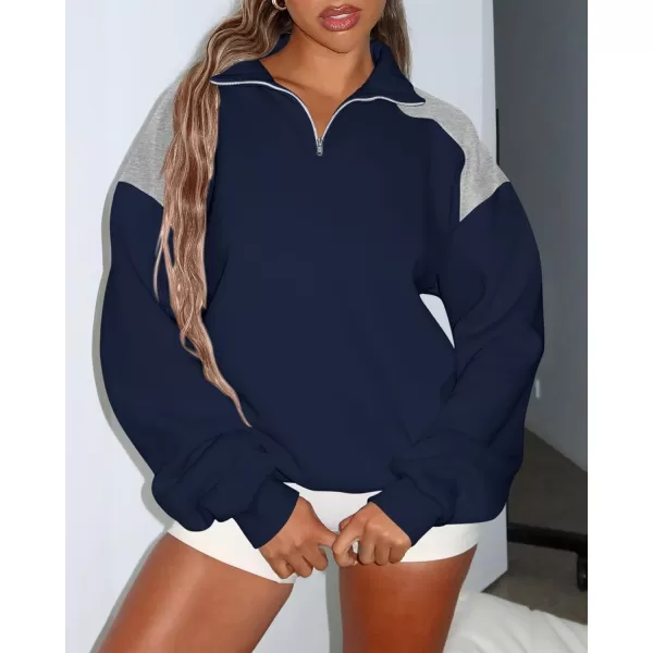 BTFBM Women Oversized Sweatshirt 2024 Fall Winter 14 Zip Long Sleeve Activewear Color Block Casual Y2k Pullover TopsNavy