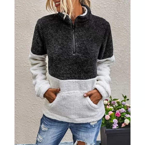 BTFBM Women Sherpa Pullover Quarter Zip Long Sleeve Fluffy Soft Fleece Jackets Sweaters Sweatshirts Hoodies Outwear CoatBlack