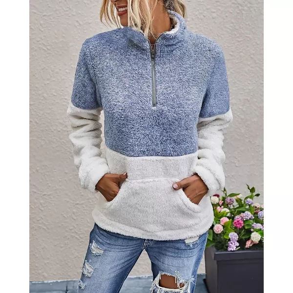 BTFBM Women Sherpa Pullover Quarter Zip Long Sleeve Fluffy Soft Fleece Jackets Sweaters Sweatshirts Hoodies Outwear CoatBlue