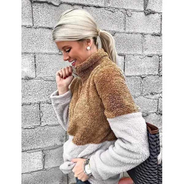 BTFBM Women Sherpa Pullover Quarter Zip Long Sleeve Fluffy Soft Fleece Jackets Sweaters Sweatshirts Hoodies Outwear CoatBrown