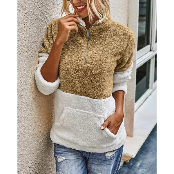 BTFBM Women Sherpa Pullover Quarter Zip Long Sleeve Fluffy Soft Fleece Jackets Sweaters Sweatshirts Hoodies Outwear CoatBrown