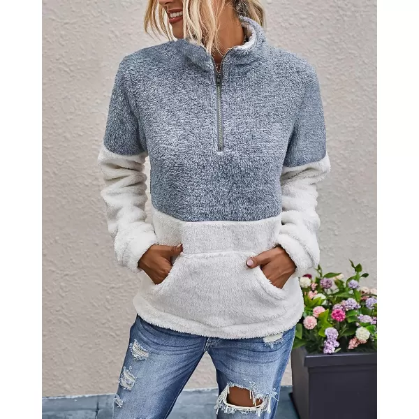 BTFBM Women Sherpa Pullover Quarter Zip Long Sleeve Fluffy Soft Fleece Jackets Sweaters Sweatshirts Hoodies Outwear CoatGrey Blue