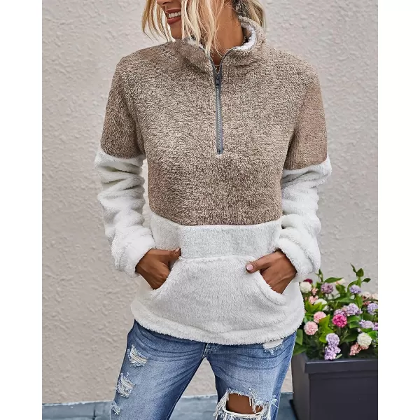 BTFBM Women Sherpa Pullover Quarter Zip Long Sleeve Fluffy Soft Fleece Jackets Sweaters Sweatshirts Hoodies Outwear CoatKhaki 2