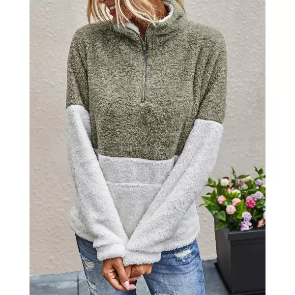 BTFBM Women Sherpa Pullover Quarter Zip Long Sleeve Fluffy Soft Fleece Jackets Sweaters Sweatshirts Hoodies Outwear CoatKhaki