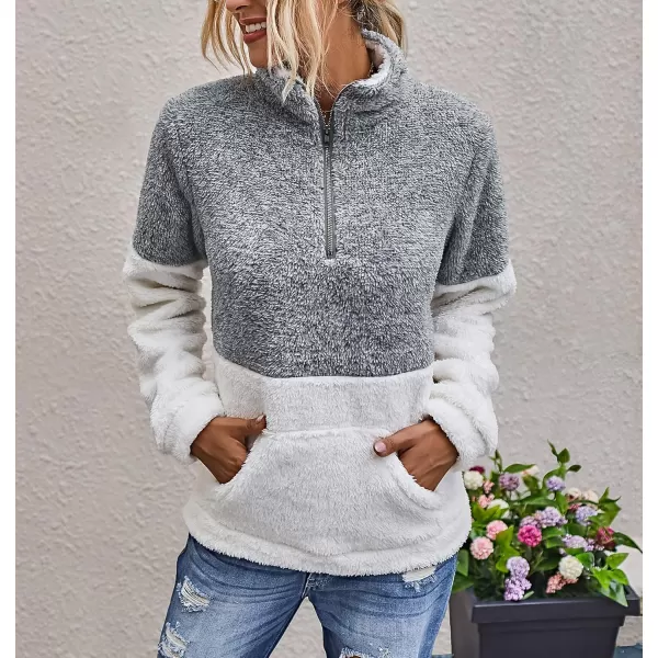 BTFBM Women Sherpa Pullover Quarter Zip Long Sleeve Fluffy Soft Fleece Jackets Sweaters Sweatshirts Hoodies Outwear CoatLight Grey