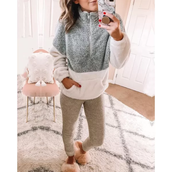 BTFBM Women Sherpa Pullover Quarter Zip Long Sleeve Fluffy Soft Fleece Jackets Sweaters Sweatshirts Hoodies Outwear CoatLight Grey