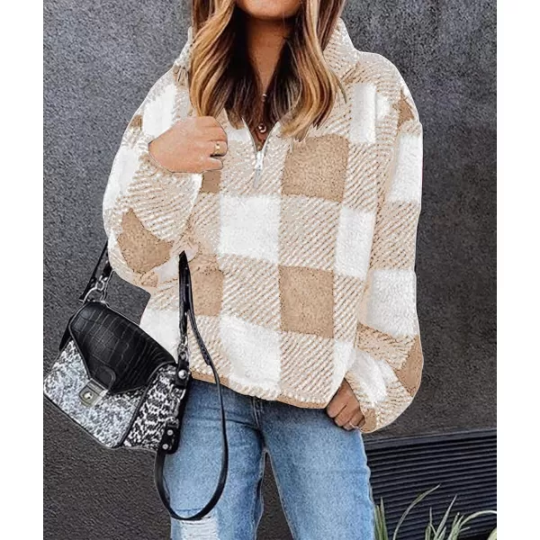 BTFBM Women Sherpa Pullover Quarter Zip Long Sleeve Fluffy Soft Fleece Jackets Sweaters Sweatshirts Hoodies Outwear CoatPlaid Apricot
