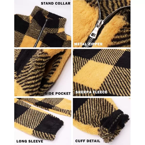 BTFBM Women Sherpa Pullover Quarter Zip Long Sleeve Fluffy Soft Fleece Jackets Sweaters Sweatshirts Hoodies Outwear CoatPlaid Apricot