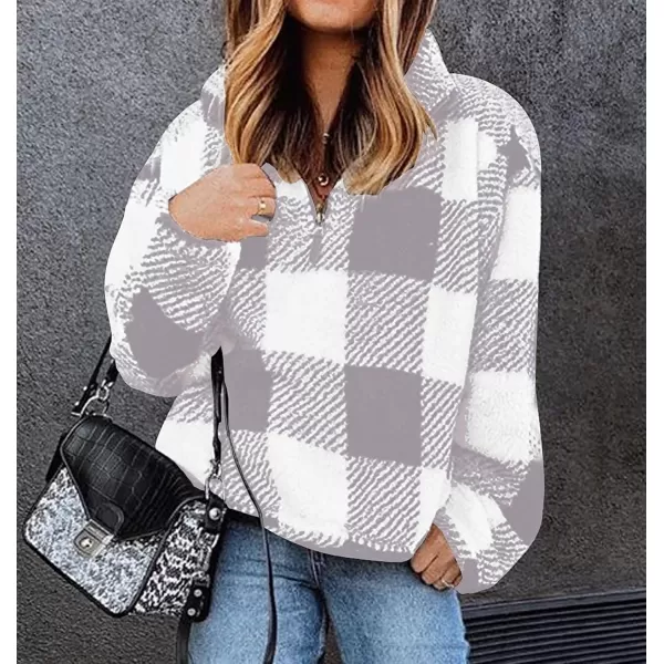BTFBM Women Sherpa Pullover Quarter Zip Long Sleeve Fluffy Soft Fleece Jackets Sweaters Sweatshirts Hoodies Outwear CoatPlaid Beige Grey