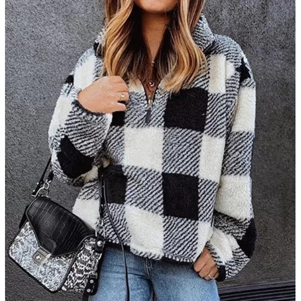 BTFBM Women Sherpa Pullover Quarter Zip Long Sleeve Fluffy Soft Fleece Jackets Sweaters Sweatshirts Hoodies Outwear CoatPlaid Black