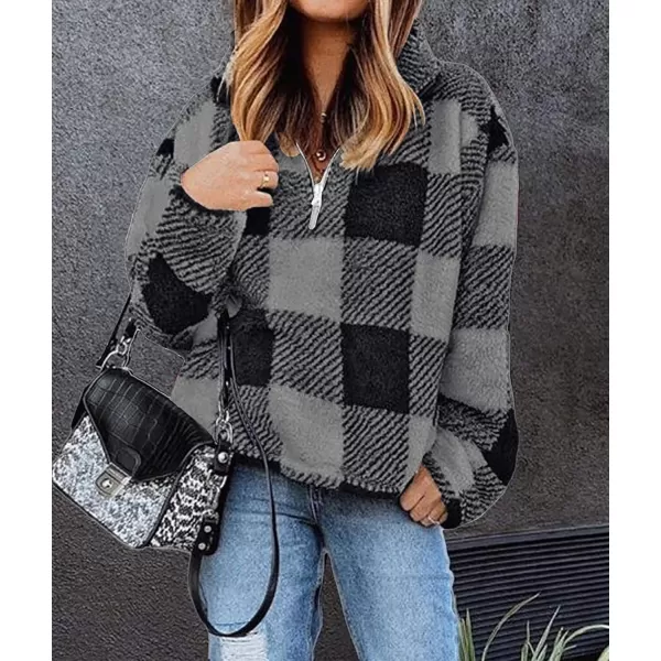 BTFBM Women Sherpa Pullover Quarter Zip Long Sleeve Fluffy Soft Fleece Jackets Sweaters Sweatshirts Hoodies Outwear CoatPlaid Black Grey