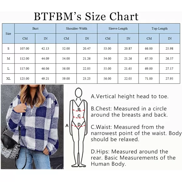 BTFBM Women Sherpa Pullover Quarter Zip Long Sleeve Fluffy Soft Fleece Jackets Sweaters Sweatshirts Hoodies Outwear CoatPlaid Blue