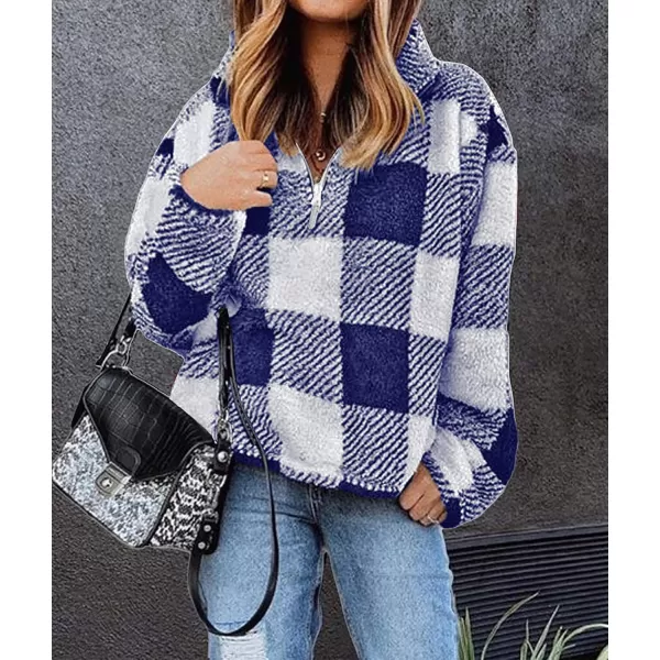 BTFBM Women Sherpa Pullover Quarter Zip Long Sleeve Fluffy Soft Fleece Jackets Sweaters Sweatshirts Hoodies Outwear CoatPlaid Blue