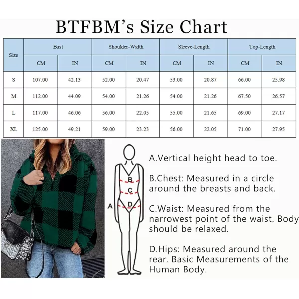 BTFBM Women Sherpa Pullover Quarter Zip Long Sleeve Fluffy Soft Fleece Jackets Sweaters Sweatshirts Hoodies Outwear CoatPlaid Green