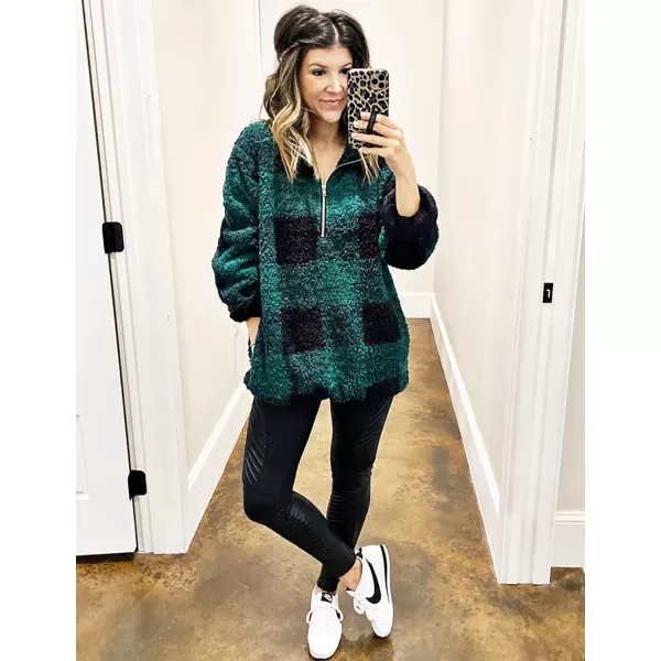 BTFBM Women Sherpa Pullover Quarter Zip Long Sleeve Fluffy Soft Fleece Jackets Sweaters Sweatshirts Hoodies Outwear CoatPlaid Green