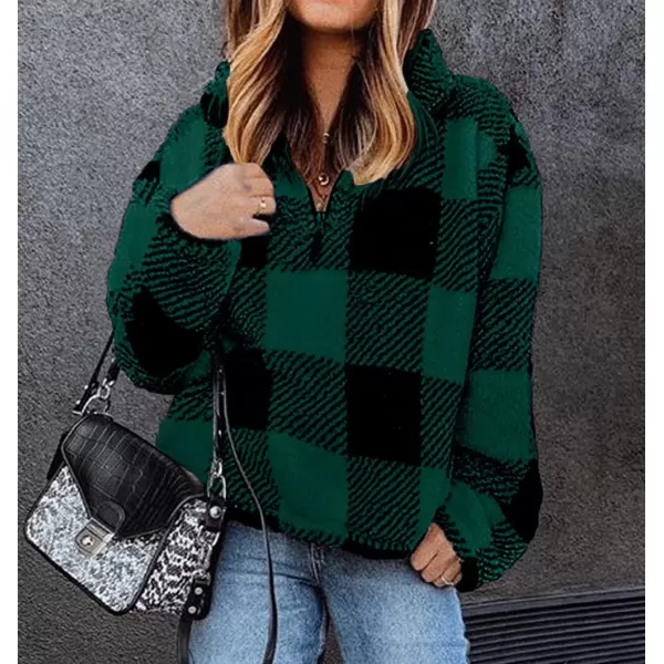 BTFBM Women Sherpa Pullover Quarter Zip Long Sleeve Fluffy Soft Fleece Jackets Sweaters Sweatshirts Hoodies Outwear CoatPlaid Green