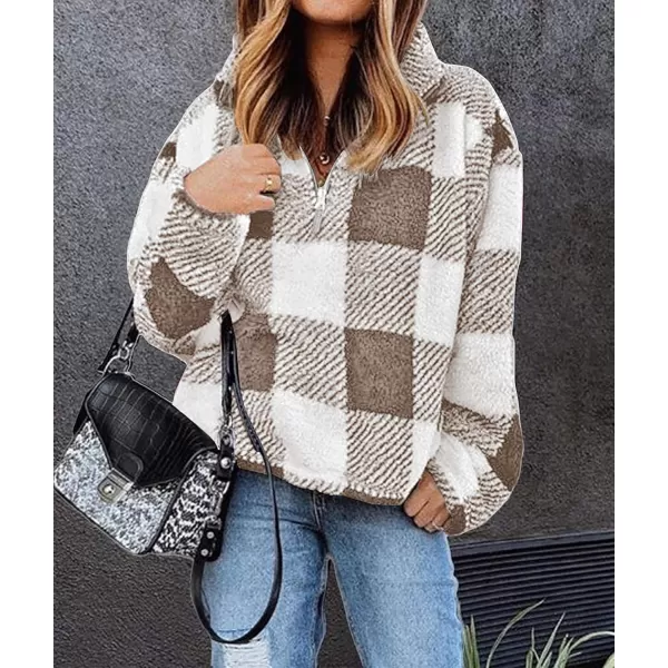 BTFBM Women Sherpa Pullover Quarter Zip Long Sleeve Fluffy Soft Fleece Jackets Sweaters Sweatshirts Hoodies Outwear CoatPlaid Khaki