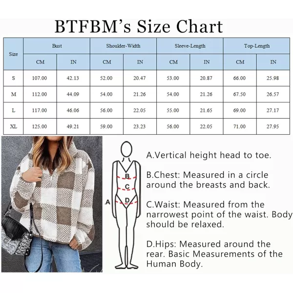 BTFBM Women Sherpa Pullover Quarter Zip Long Sleeve Fluffy Soft Fleece Jackets Sweaters Sweatshirts Hoodies Outwear CoatPlaid Khaki