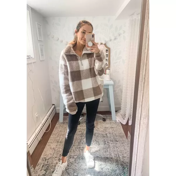 BTFBM Women Sherpa Pullover Quarter Zip Long Sleeve Fluffy Soft Fleece Jackets Sweaters Sweatshirts Hoodies Outwear CoatPlaid Khaki