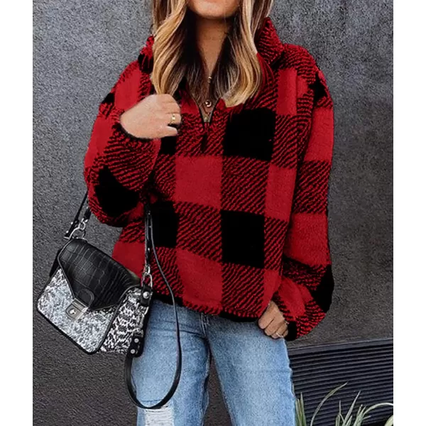 BTFBM Women Sherpa Pullover Quarter Zip Long Sleeve Fluffy Soft Fleece Jackets Sweaters Sweatshirts Hoodies Outwear CoatPlaid Red