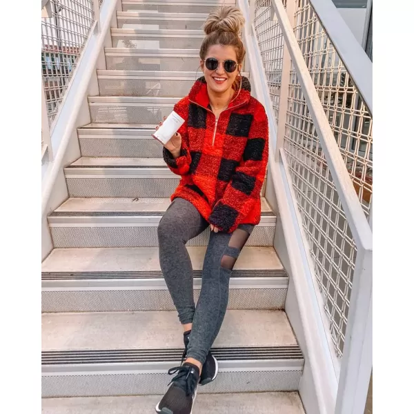 BTFBM Women Sherpa Pullover Quarter Zip Long Sleeve Fluffy Soft Fleece Jackets Sweaters Sweatshirts Hoodies Outwear CoatPlaid Red