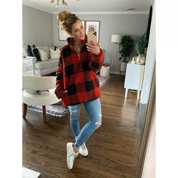 BTFBM Women Sherpa Pullover Quarter Zip Long Sleeve Fluffy Soft Fleece Jackets Sweaters Sweatshirts Hoodies Outwear CoatPlaid Red