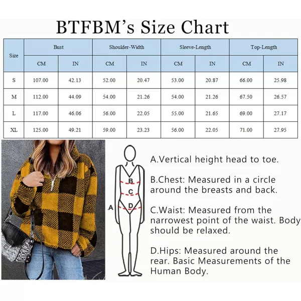 BTFBM Women Sherpa Pullover Quarter Zip Long Sleeve Fluffy Soft Fleece Jackets Sweaters Sweatshirts Hoodies Outwear CoatPlaid Yellow