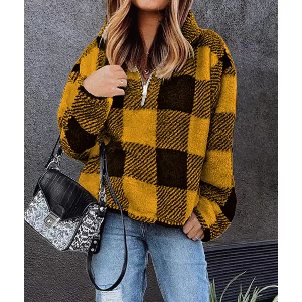 BTFBM Women Sherpa Pullover Quarter Zip Long Sleeve Fluffy Soft Fleece Jackets Sweaters Sweatshirts Hoodies Outwear CoatPlaid Yellow