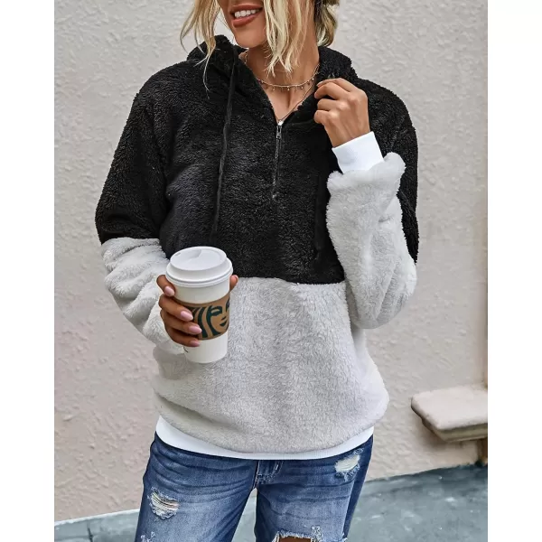 BTFBM Women Sherpa Pullover Quarter Zip Long Sleeve Fluffy Soft Fleece Jackets Sweaters Sweatshirts Hoodies Outwear CoatQblack