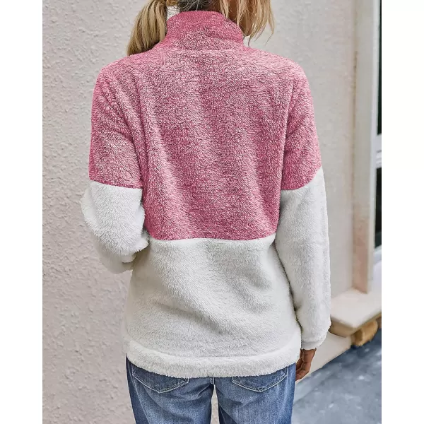 BTFBM Women Sherpa Pullover Quarter Zip Long Sleeve Fluffy Soft Fleece Jackets Sweaters Sweatshirts Hoodies Outwear CoatRed