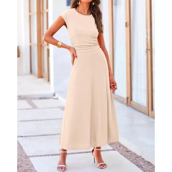 BTFBM Women Two Piece Skirt Set Casual Ribbed Knit Crew Neck Short Sleeve Cropped Top Elastic Waist Swing Midi SkirtsSolid Beige
