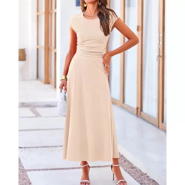 BTFBM Women Two Piece Skirt Set Casual Ribbed Knit Crew Neck Short Sleeve Cropped Top Elastic Waist Swing Midi SkirtsSolid Beige