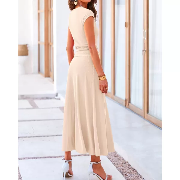 BTFBM Women Two Piece Skirt Set Casual Ribbed Knit Crew Neck Short Sleeve Cropped Top Elastic Waist Swing Midi SkirtsSolid Beige