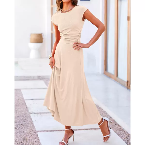 BTFBM Women Two Piece Skirt Set Casual Ribbed Knit Crew Neck Short Sleeve Cropped Top Elastic Waist Swing Midi SkirtsSolid Beige