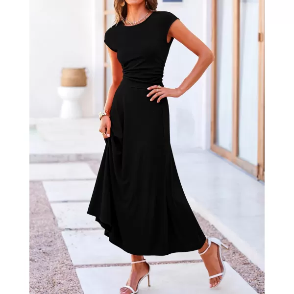 BTFBM Women Two Piece Skirt Set Casual Ribbed Knit Crew Neck Short Sleeve Cropped Top Elastic Waist Swing Midi SkirtsSolid Black