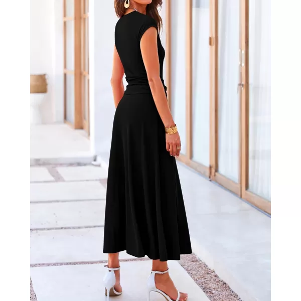 BTFBM Women Two Piece Skirt Set Casual Ribbed Knit Crew Neck Short Sleeve Cropped Top Elastic Waist Swing Midi SkirtsSolid Black