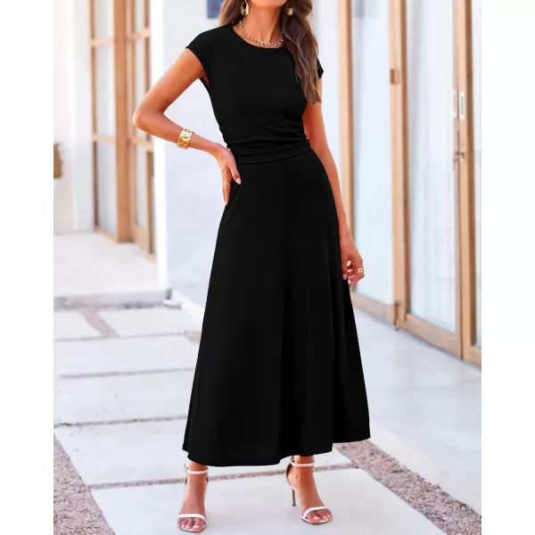 BTFBM Women Two Piece Skirt Set Casual Ribbed Knit Crew Neck Short Sleeve Cropped Top Elastic Waist Swing Midi SkirtsSolid Black