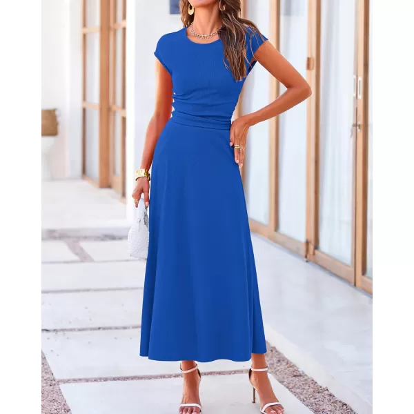 BTFBM Women Two Piece Skirt Set Casual Ribbed Knit Crew Neck Short Sleeve Cropped Top Elastic Waist Swing Midi SkirtsSolid Blue