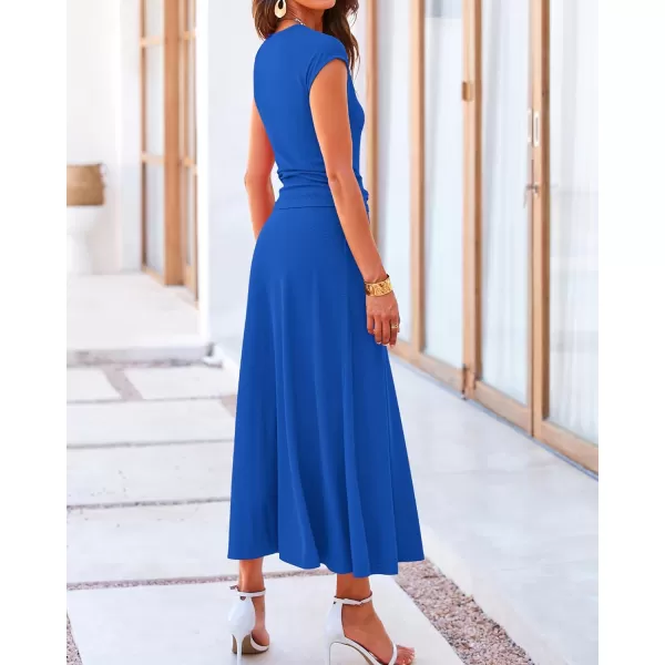 BTFBM Women Two Piece Skirt Set Casual Ribbed Knit Crew Neck Short Sleeve Cropped Top Elastic Waist Swing Midi SkirtsSolid Blue