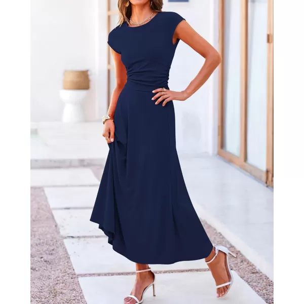 BTFBM Women Two Piece Skirt Set Casual Ribbed Knit Crew Neck Short Sleeve Cropped Top Elastic Waist Swing Midi SkirtsSolid Dark Blue