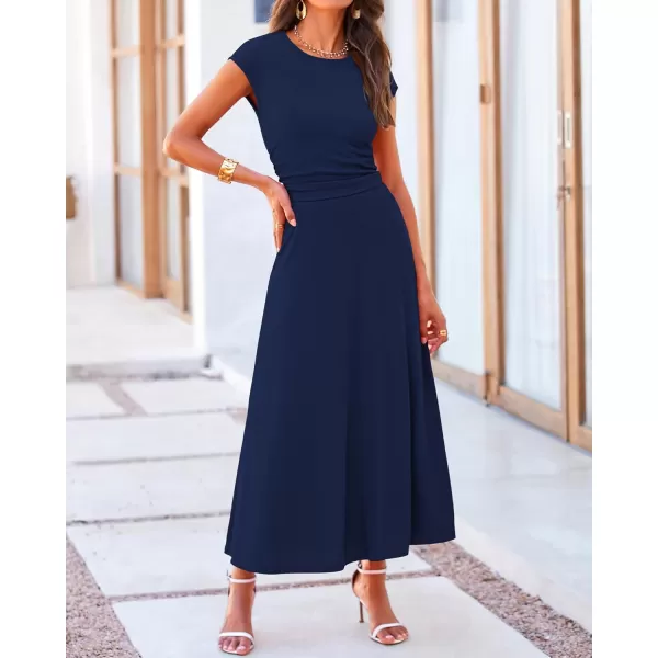 BTFBM Women Two Piece Skirt Set Casual Ribbed Knit Crew Neck Short Sleeve Cropped Top Elastic Waist Swing Midi SkirtsSolid Dark Blue