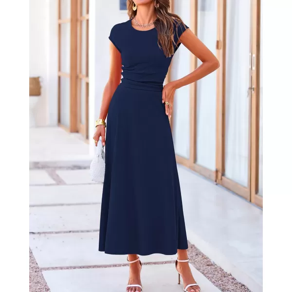 BTFBM Women Two Piece Skirt Set Casual Ribbed Knit Crew Neck Short Sleeve Cropped Top Elastic Waist Swing Midi SkirtsSolid Dark Blue