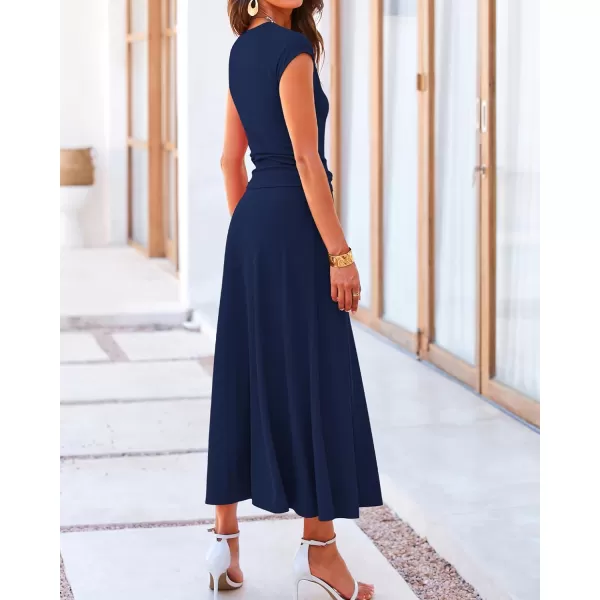 BTFBM Women Two Piece Skirt Set Casual Ribbed Knit Crew Neck Short Sleeve Cropped Top Elastic Waist Swing Midi SkirtsSolid Dark Blue