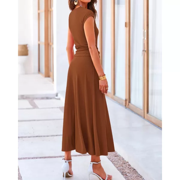 BTFBM Women Two Piece Skirt Set Casual Ribbed Knit Crew Neck Short Sleeve Cropped Top Elastic Waist Swing Midi SkirtsSolid Dark Brown