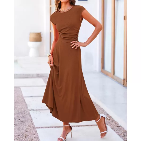 BTFBM Women Two Piece Skirt Set Casual Ribbed Knit Crew Neck Short Sleeve Cropped Top Elastic Waist Swing Midi SkirtsSolid Dark Brown